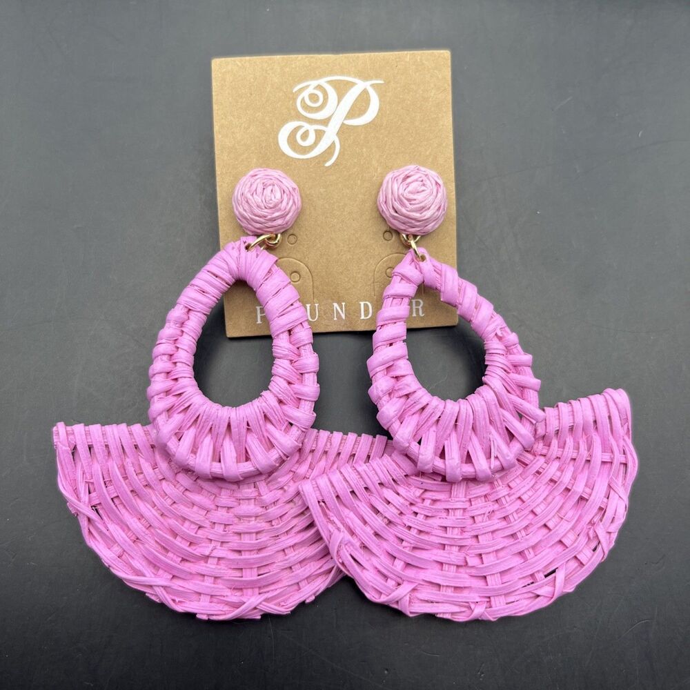 Plunder Statement Earrings Pink Wicker Raffia Big Bold Dangle Pierced Boho Long